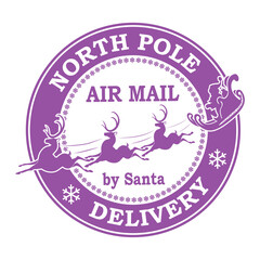 Christmas round gray stamp isolated, Santa Claus mail, reindeer sleigh.