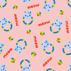 Seamless pattern with animals on a pink background. A pattern with a baby rattle in the form of a cat. Kawaii animals