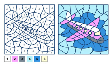 Puzzle game airplane, color by number sheet for children. Vector coloring page for learning numbers
