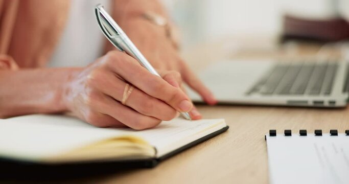 Hand, writing and notebook with a business woman doing research while planning a schedule in her diary. Books, strategy and analytics with a female copywriting or working on a desk in her office