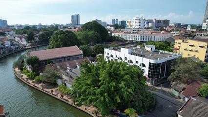 Naklejka na ściany i meble Malacca, Malaysia - October 16, 2022: Aerial View of the Malacca River Cruise
