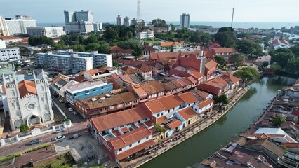 Malacca, Malaysia - October 16, 2022: Aerial View of the Malacca River Cruise