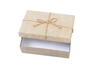 Brown paper giftbox with rope bow isolated