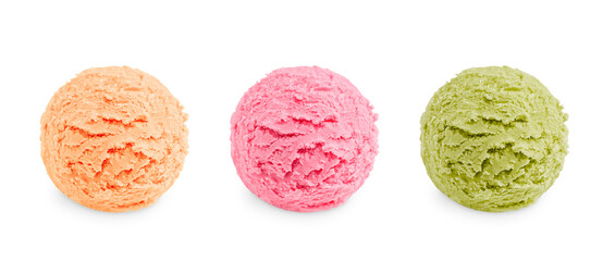 Three colorful scoops of cold sweet ice cream or gelato in assortment of different flavor of pink, green and beige color of vanila, berry and pistachio or mint taste isolated on white background - obrazy, fototapety, plakaty