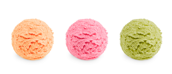 Three colorful scoops of cold sweet ice cream or gelato in assortment of different flavor of pink, green and beige color of vanila, berry and pistachio or mint taste isolated on white background