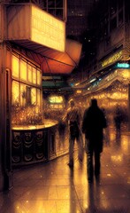 Drawing of city streets at night. Nightlife. Walks at night.