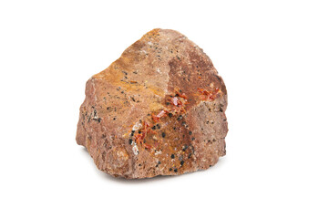 A raw shard of the mineral vanadinite. Pinkish stone with white and black patches