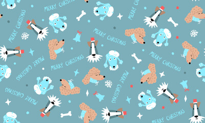 Christmas dogs seamless pattern. Winter holiday doggi blue background with snow balls and bones. For gift and wrapping paper. Kids and baby textile. Cover books.  
