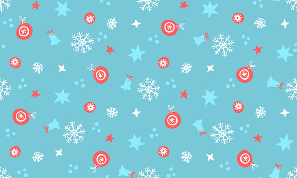 Christmas snowflakes seamless pattern. Winter holiday white and blue background with red ornaments balls. For gift and wrapping paper. Kids and baby textile. Cover books. 
