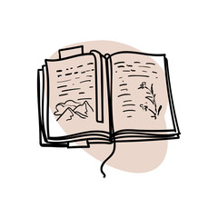 hand drawn book with mountains and flowers on the white backround