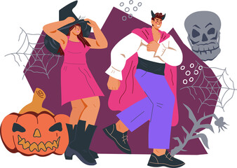 Halloween people in masquerade costumes rush to holiday party.