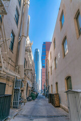 View from back of modern apartment buildings with fire exits in Austin Texas