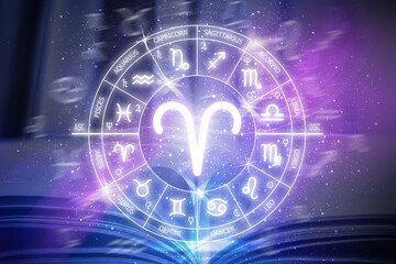 Aries zodiac sign. Aries icon on blue space background. Zodiac circle