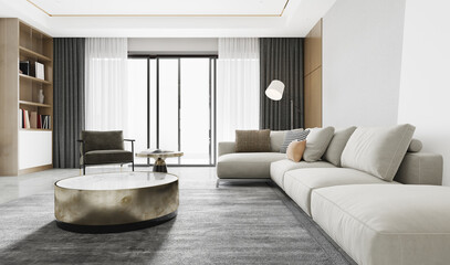 The modern luxury interior of the living room is bright and clean. 3D illustration
