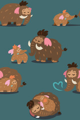 Sweet mother mammoth with her baby seamless pattern. Vector illustration