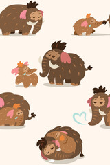 Sweet mother mammoth with her baby seamless pattern. Vector illustration
