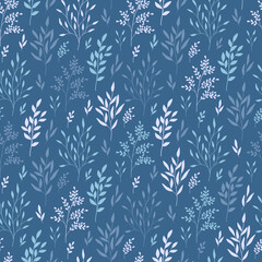 Hand drawn seamless pattern of colorful branches with leaves. Winter floral cozy collection. Christmas decorative illustration for greeting card, wallpaper, wrapping paper, fabric, packaging