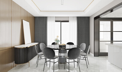 Interior of dining room in modern style, wall decorated with wood ,natural light from the large windows. 3D illustration