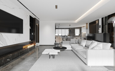 The modern luxury interior of the living room is bright and clean. 3D illustration