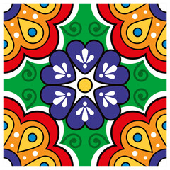Mexican talavera floral tile design vector single and seamless pattern, decorative vibrant background with flowers and swirls
