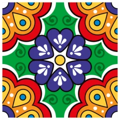 Tapeten Mexican talavera floral tile design vector single and seamless pattern, decorative vibrant background with flowers and swirls  © redkoala