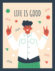 Motivational poster or card mockup with happy man flat vector illustration.