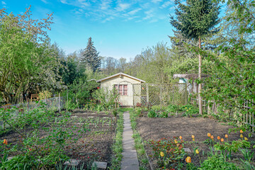 Kleine Hütte, Gartenlaube in einem Kleingarten