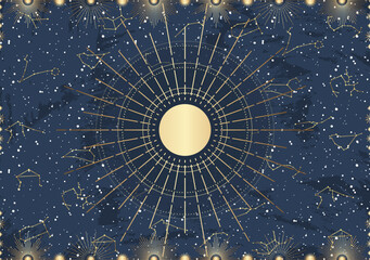 Hand drawn card of golden Sun, sunburst, light rays, stars. Constellation celestial space. Zodiac horoscope symbol, star astrology, astrology sign, icon. Magic space galaxy, vector sketch illustration © Diana Kovach
