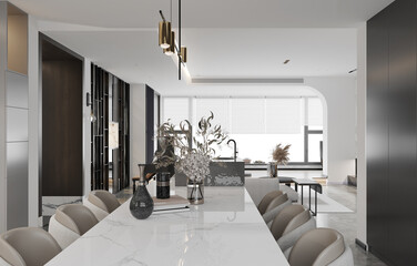 The modern luxury interior of the living room is bright and clean. 3D illustration