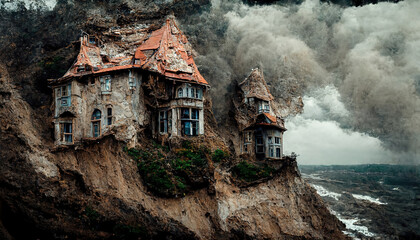 AI generated image of an abandoned ruined haunted mansion on a cliff-edge by the sea  - obrazy, fototapety, plakaty