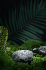 Forest product display for product photography or mockup background. Mossy stone male cosmetics photography background. Dark mockup with moss, stones and palm leaf in the back.