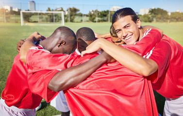 Soccer, fitness and team in a huddle for motivation, goals and group mission on a soccer field for...