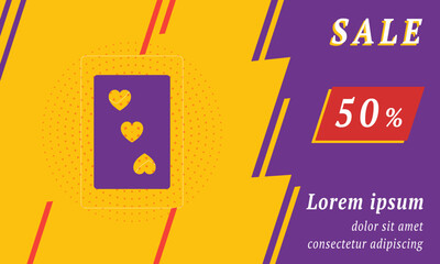 Sale promotion banner with place for your text. On the left is the Three of hearts playing card. Promotional text with discount percentage on the right side. Vector illustration on yellow background