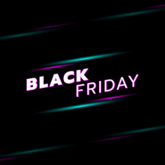 Obraz premium Black Friday sale banner template with green and violet neon light on dark background. White and violet text lettering. Vector illustration.