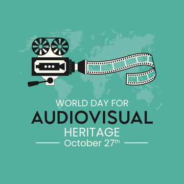 Old movie camera and film tape roll show a piece of history about lives and cultures from all over the world. World day for audiovisual heritage on October 27 across the globe.