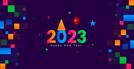 Happy New Year 2023 colorful blue Background Template.