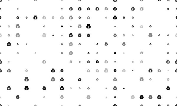 Seamless background pattern of evenly spaced black instant coffee symbols of different sizes and opacity. Vector illustration on white background