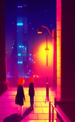 Obraz premium Drawing the city streets at night. Nightlife. Walking at night.