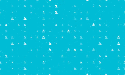 Seamless background pattern of evenly spaced white yoga stretching pose symbols of different sizes and opacity. Vector illustration on cyan background with stars