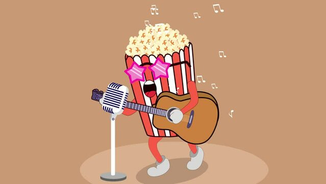 A popcorn playing guitar and performing