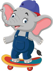 Cartoon little elephant riding skateboard