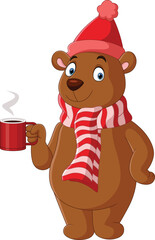 Cartoon bear wearing scarf and hat holding hot coffee