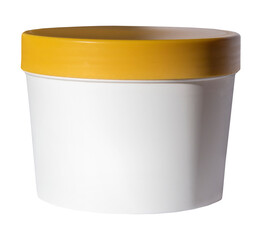 Round plastic box with yellow lid.