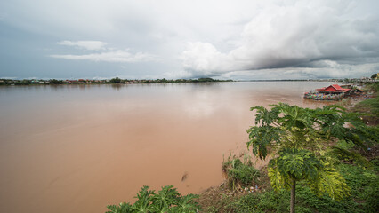 Fototapeta premium Nong Khai, a city in north-east Thailand situated directly on the mekong river on a cloudy day in the rainy season.