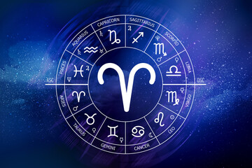 Fototapeta premium Aries zodiac sign. Abstract night sky background. Aries icon on blue space background