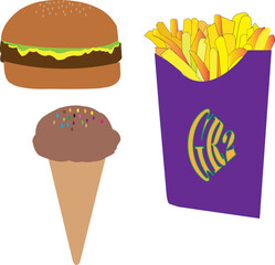  French fries, burger and ice cream