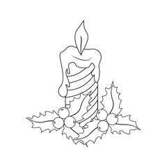 Burning candle with dripping wax. Holly. Merry Christmas and New Year. Silhouette.