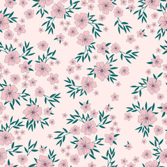 seamless vintage pattern. pink  flowers, green leaves. light pink  background. vector texture. fashionable print for textiles and wallpaper.