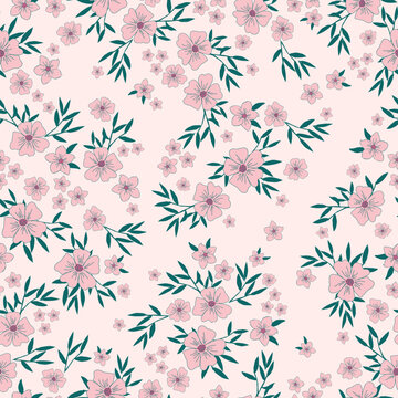 seamless vintage pattern. pink flowers, green leaves. light pink background. vector texture. fashionable print for textiles and wallpaper. © Алена Шенбель