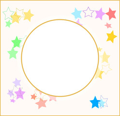 Photo frame and postcard for baby shower. Background with sweet multicolor of stars.